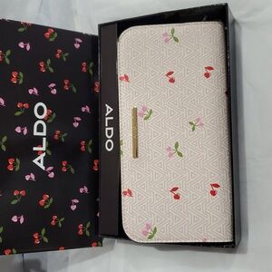Aldo A monogram red pink heart shaped‎ cherry stem zip around wallet new in box